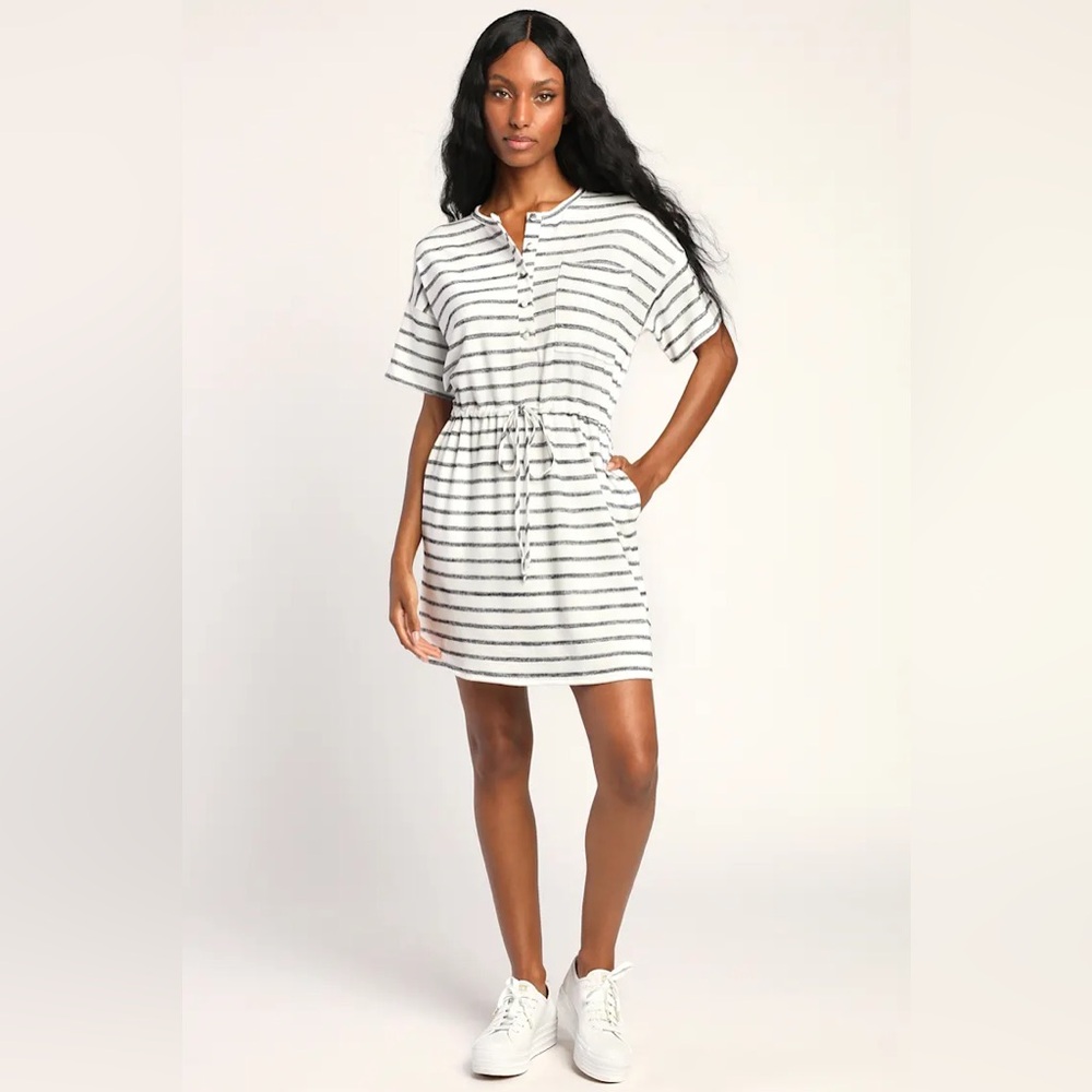 Lulus Beach Casual White and Black Striped Drawstring Mini Dress